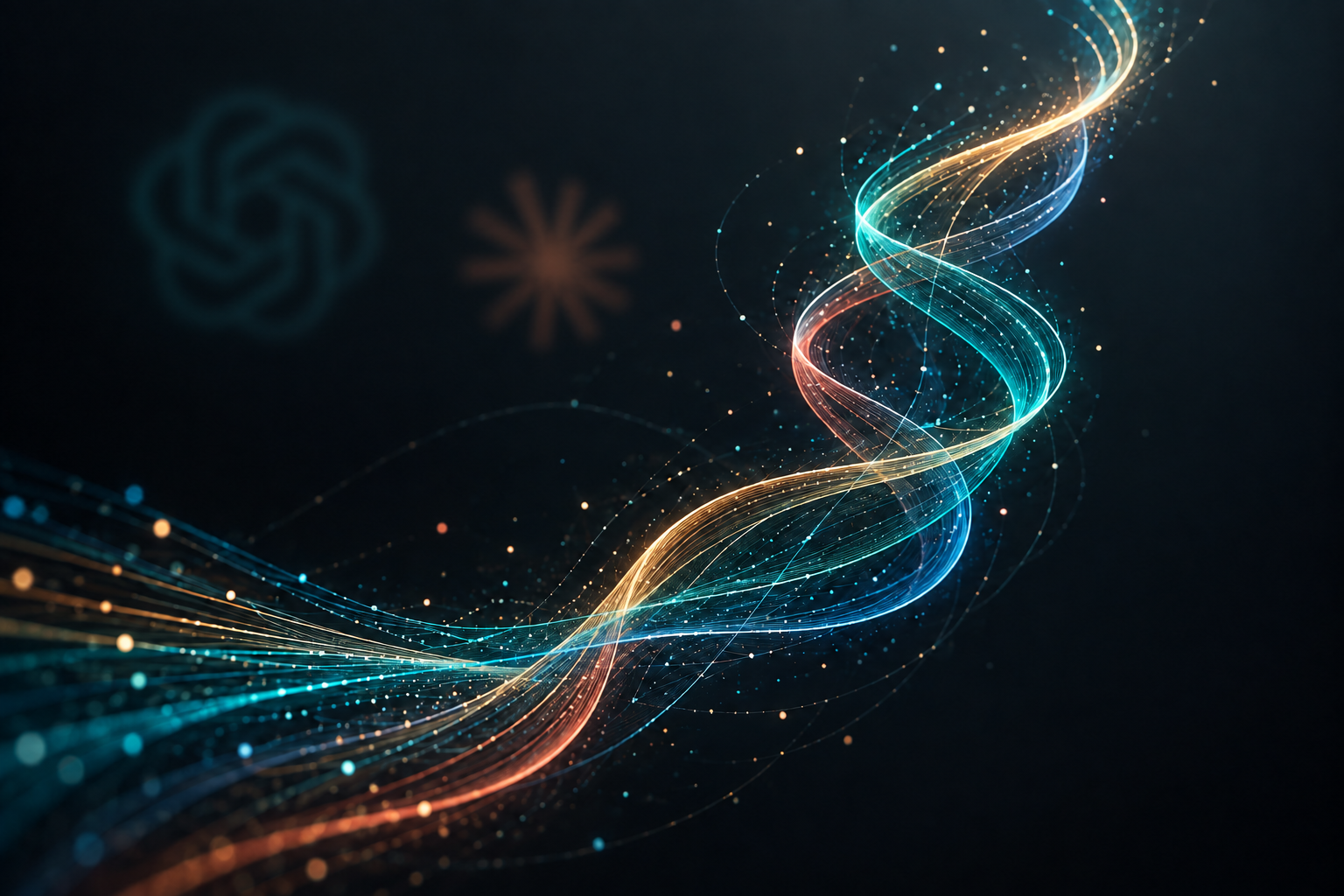 Multicolored ascending data helix with softly blurred AI-inspired symbols, conceptual image