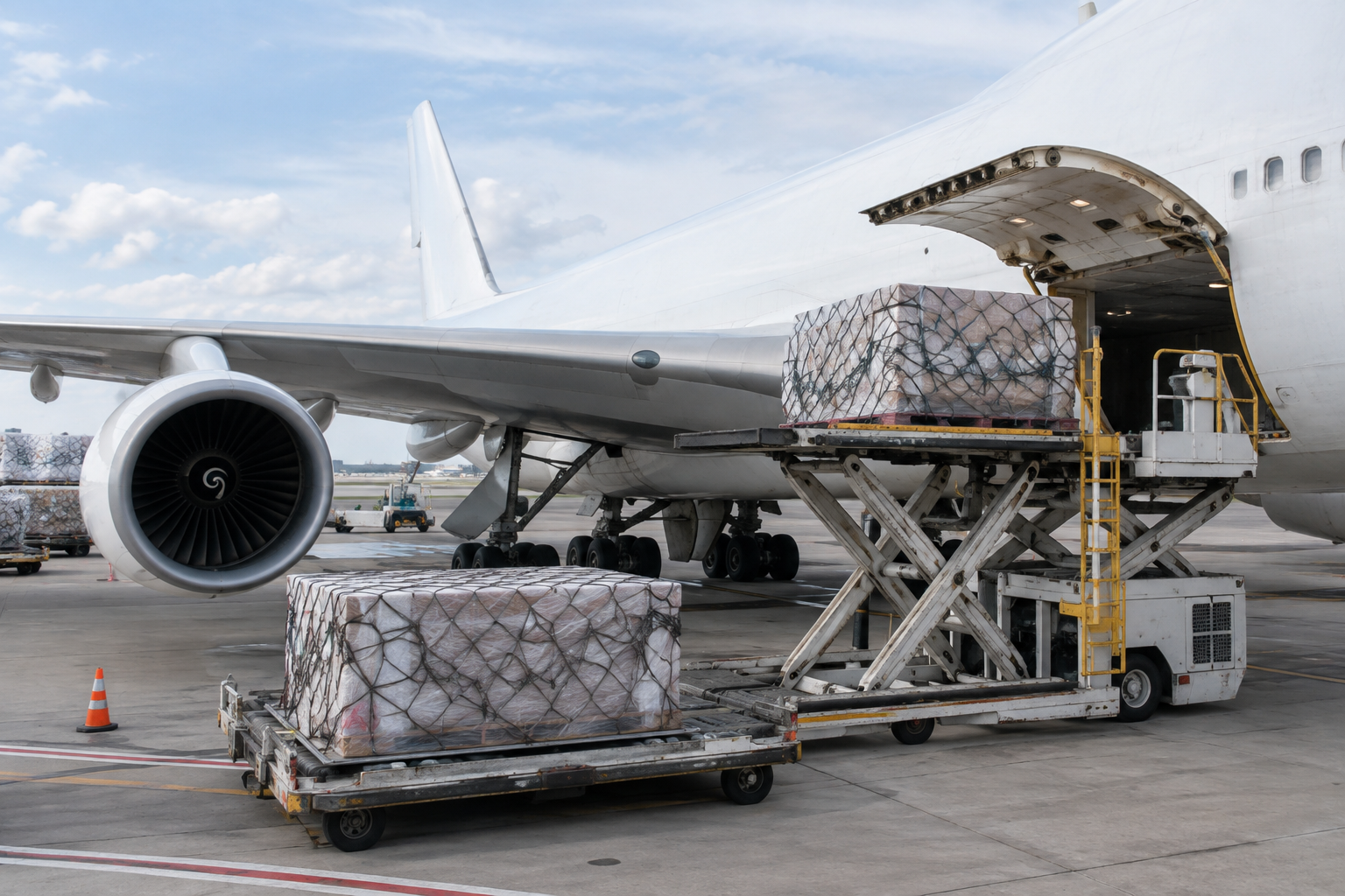 Cargo aircraft and pallet freight, AI-generated illustration
