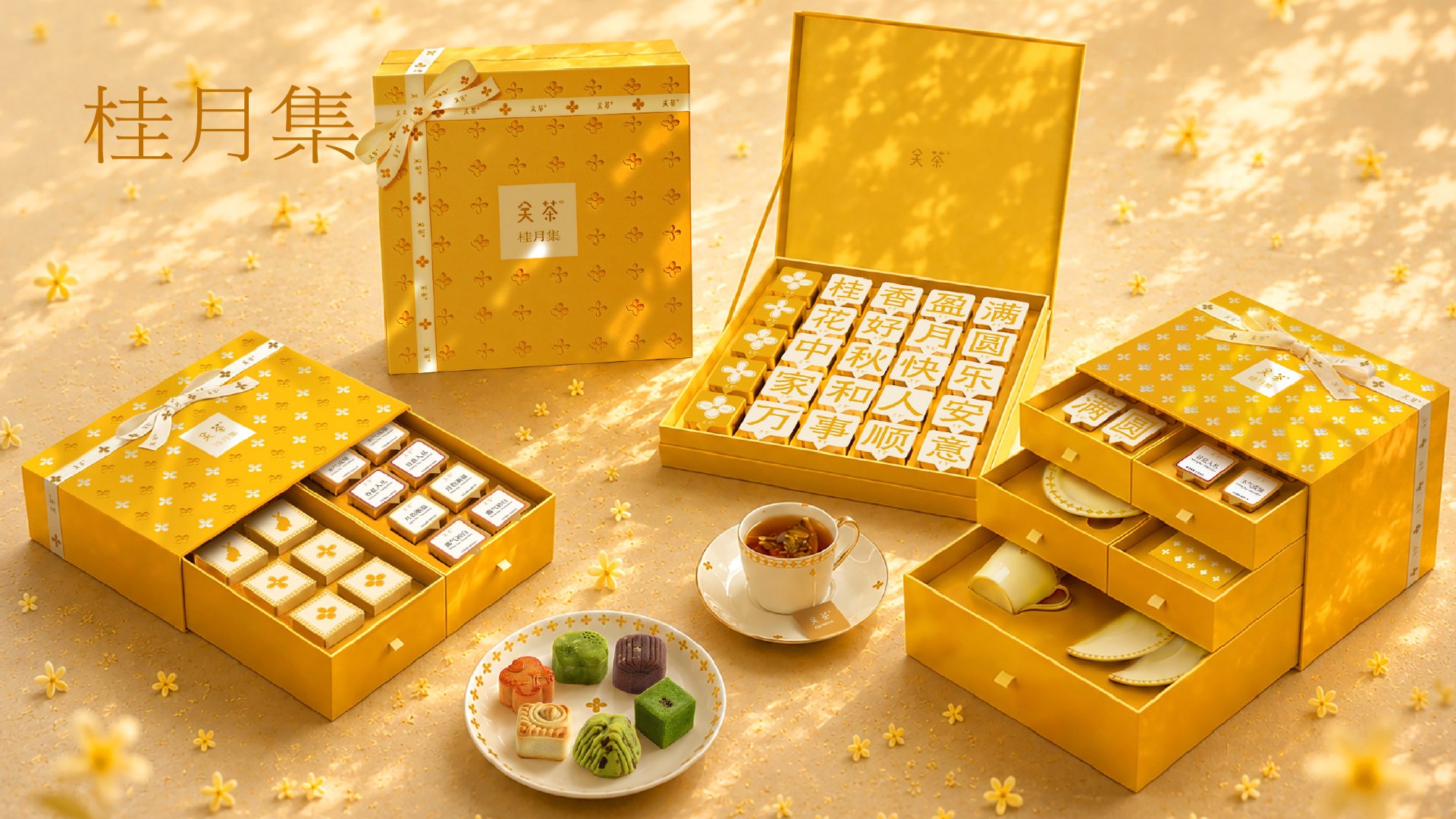 Guancha Guiyueji Mid-Autumn food gift boxes with pastries, ribbons and tea sets