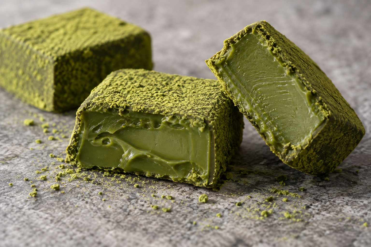 Matcha confection cut surface and green powder detail, AI illustration