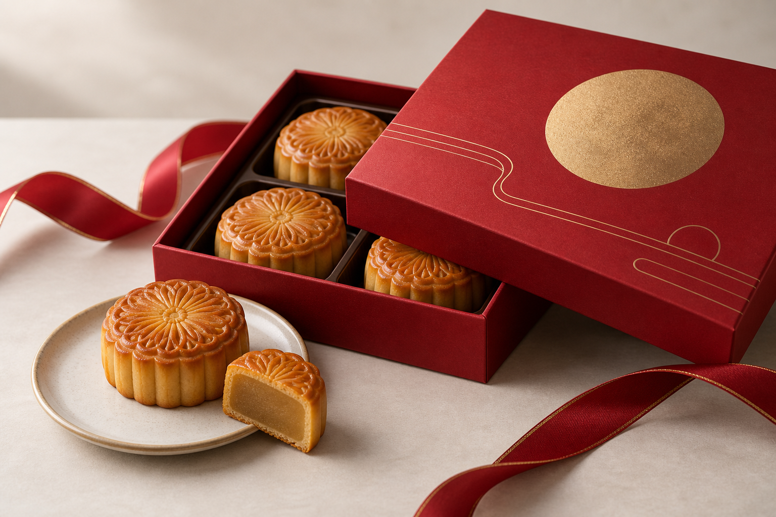 Golden mooncakes with red and gold Lunar New Year gift packaging, AI-generated illustration