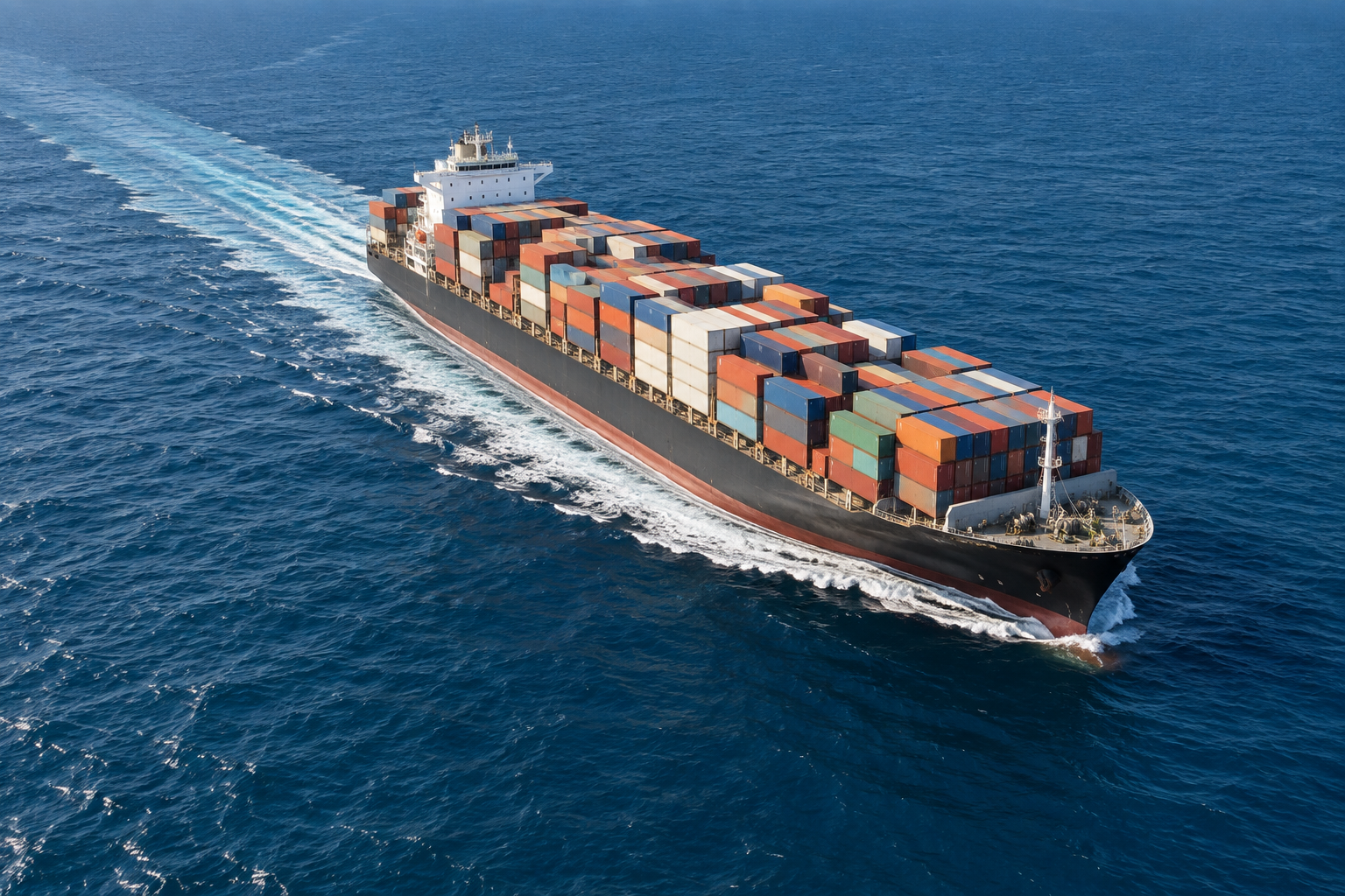 Container vessel crossing open ocean, AI-generated illustration