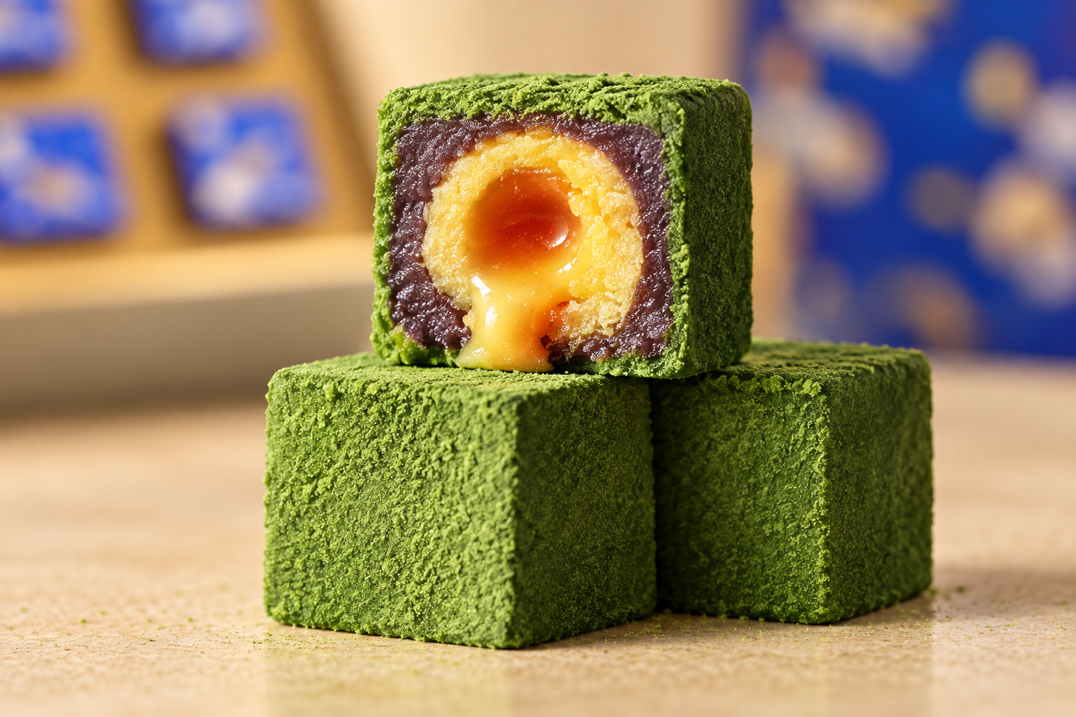 Matcha cube cross-section adapted from the supplied product photo, packaging defocused